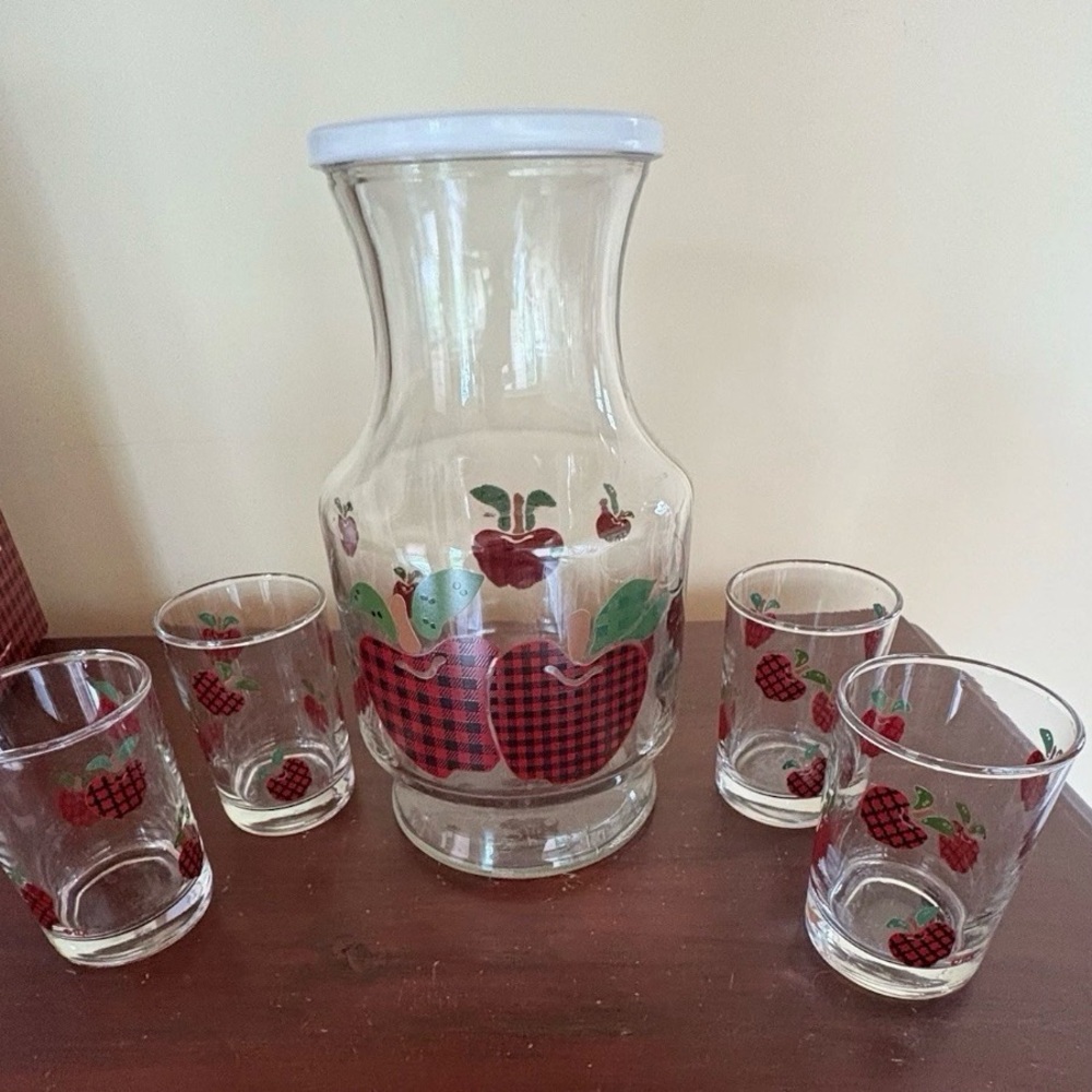 Vintage 1996 Anchor Hocking Applejack Juice Set Lidded Carafe 4 Glasses Open Box